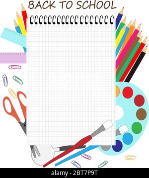 Vektorgrafik von Back to School mit Schulmaterial und Notizbuch-Papier für den Kopierraum Stock Vektor