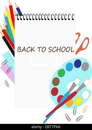 Vektorgrafik von Back to School mit Schulmaterial und Notizbuch-Papier für den Kopierraum Stock Vektor