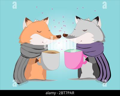 Niedlichen Cartoon Fuchs und Wolf mit Tasse Tee und einem Schal auf blauem Hintergrund, Valentinstag Stock Vektor