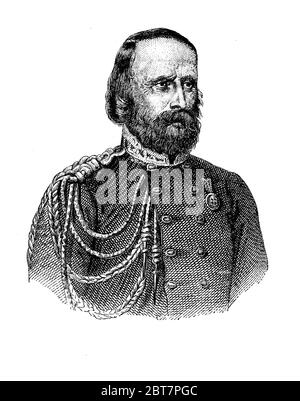 Ein gravierendes Porträt von Giuseppe Garibaldi (1807-1882), dem italienischen General und Republikaner, der für seine militärischen Unternehmen in Südamerika und Italien zum Helden der zwei Welten ernannt wurde, trug zur Vereinigung des Landes bei Stockfoto