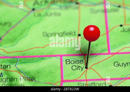 Boise City auf einer Karte von Oklahoma, USA Stockfoto