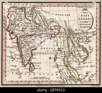 'Die Ostindischen nach der allgemeinen Annahme.' Karte zeigt wichtige Wahrzeichen des indischen Subkontinents zur Zeit der britischen Kolonisation. Dies ist eine wunderschön detaillierte historische Kartenwiedergabe. Original aus einem britischen Atlas des berühmten Kartographen William Faden wurde um 1798 erstellt.
