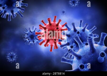 Coronavirus oder Grippevirus Erreger im Organismus auf blauem Hintergrund, SARS-CoV-2 Corona Virus unter Mikroskop, 3d-Rendering. Konzept der Pathologie, vi Stockfoto