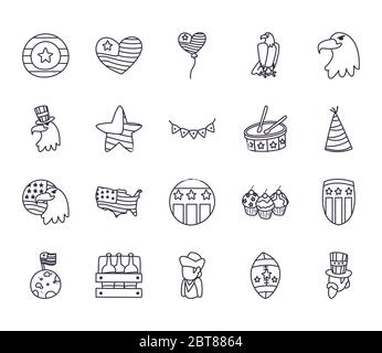 Linie Stil Symbol Set Design, Independence Day usa vereinigte Staaten und nationales Thema Vektor-Illustration Stock Vektor