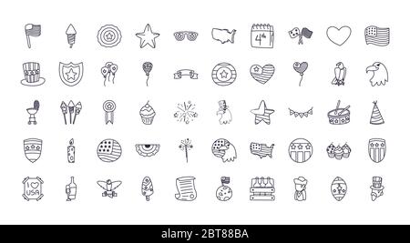 Linie Stil Symbol Set Design, Independence Day usa vereinigte Staaten und nationales Thema Vektor-Illustration Stock Vektor