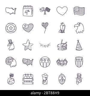 Linie Stil Symbol Set Design, Independence Day usa vereinigte Staaten und nationales Thema Vektor-Illustration Stock Vektor