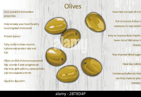 Oliven Gesundheit Vorteile Infografiken auf Holzhintergrund Stock Vektor