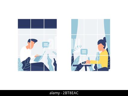 Leute in Fenstern bleiben wegen Quarantäne zu Hause. Mann und Frauen sitzen und arbeiten am Fenster. Work from Home Konzept. Stock Vektor