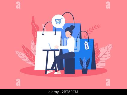 Online-Shopping-Konzept. Frau sitzt mit einer Tasche von Waren aus dem Online-Shopping bestellt. Stock Vektor