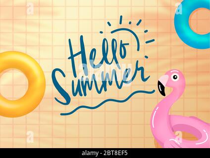 Hallo Sommer-Banner. Gelbe Fliesen mit Palmblättern und Schwimmbadflossen. Stock Vektor