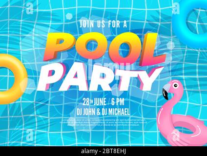Sommer Pool Party Einladung Banner. Swimmingpool mit Palmenblättern und Schwimmschwimmbecken. Stock Vektor