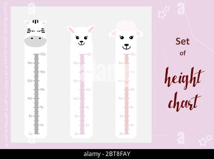 Tabelle für die Höhe des Platzes für Kinder. Niedlicher Wandzähler mit lustigen Tieren. Vektorvorlage. Cartoon-Zoo. Design von Kinderprodukten im skandinavischen Stil. Stock Vektor