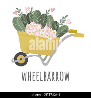 Schubkarre gelb Garten Vektor Werkzeug Ausrüstung Seitenansicht mit Sprossen von Blumen und Pflanzen. Flache Ikone der Schubkarre mit Pflanze im Cartoons-Stil mit Stock Vektor