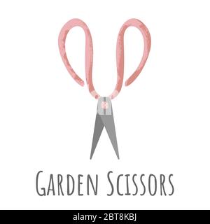 Handgezeichnete Vektor-Ikone der Gartenschere im flachen Caroons-Stil mit Textur. Schere für Pflanzen. Pflege der Pflanzen. Сutting Klinge. Arbeiten im Garten. Stock Vektor
