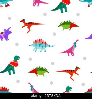 Dinosaurier in lustigen Kleidern auf weißem Hintergrund. Kindliche Cartoon-Illustration. Vorlage für Babytapeten, Druck, Stoff oder Textil, Geschenkpapier. Element der Einladung für Kinder Geburtstag Stock Vektor