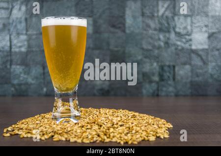 Glas Bier von oben mit Malz im Hintergrund Stockfoto