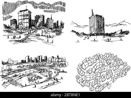 Vier handgezeichnete architektonische Skizzen einer modernen Stadt- oder Stadtarchitektur und Skylines Stock Vektor