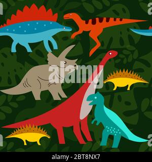 Dinosaurier auf dem Hintergrund tropischer Blätter. Dino Cartoon-Figuren. Nahtlose glatte Tiermuster Stock Vektor