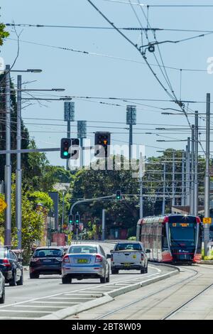 Verkehr und eine Sydney Light Rail Straßenbahn auf der Anzac Parade in Kensington, Sydney, Australien, mit den Lichtern des SCG (Sydney Cricket Ground) im Hintergrund. Stockfoto