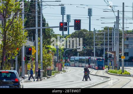 Verkehr und eine Sydney Light Rail Straßenbahn auf der Anzac Parade in Kensington, Sydney, Australien, mit den Lichtern des SCG (Sydney Cricket Ground) im Hintergrund. Stockfoto