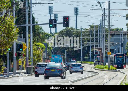 Verkehr und eine Sydney Light Rail Straßenbahn auf der Anzac Parade in Kensington, Sydney, Australien, mit den Lichtern des SCG (Sydney Cricket Ground) im Hintergrund. Stockfoto