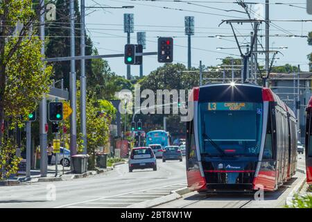 Verkehr und eine Sydney Light Rail Straßenbahn auf der Anzac Parade in Kensington, Sydney, Australien, mit den Lichtern des SCG (Sydney Cricket Ground) im Hintergrund. Stockfoto