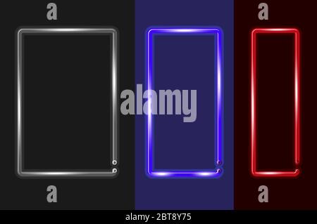 Drei vertikale Rahmen unterschiedlicher Breite Leuchtende Neonzeichen oder LED-Streifen Licht auf dunklem Hintergrund. Vektorgrafik Stock Vektor