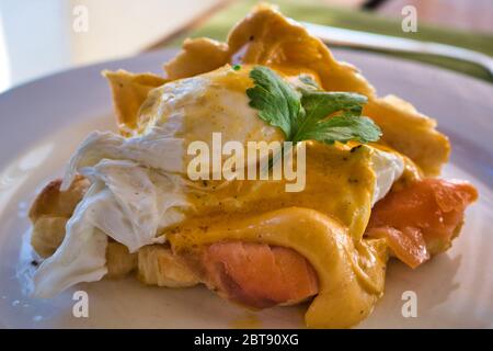 Dieses einzigartige Foto des super leckeren Frühstücksgericht Ei benedikt. Man kann das goldene Spiegelei und den Lachs sehen! Stockfoto