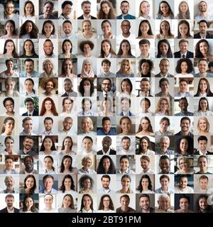 Viele glückliche multirassische Menschen Gesichter Kopfschüsse in quadratischen Collage Stockfoto