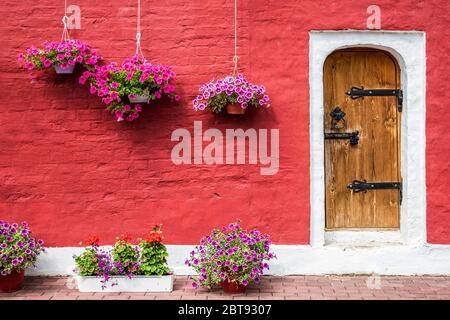 Altes Steinhaus mit bunten Petunia Blumen Fassade Haus dekoriert Stockfoto