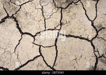 Trockenheit, getrockneter Boden, environmenntal disasterno Wasser, Mangel an Feuchtigkeit. Rissige Oberfläche. Trockener Boden in trockenen Gebieten. Stockfoto