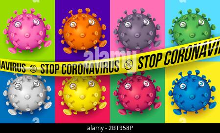 Bunte Retro Virus Pop Art mit acht Rahmen und mit gelbem Stop Coronavirus Band im Querformat 16:9 Stock Vektor