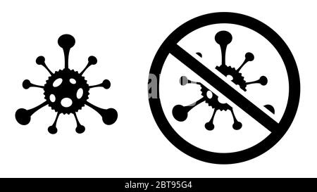 Ein schwarzes Silhouette Virus Symbol und ein Verbotszeichen. Stock Vektor