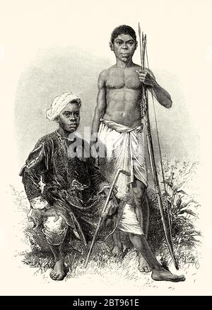 Djacko und Djoumah Charaktere aus einem zentralafrikanischen Stamm, Zentralafrika. Reise durch Afrika, von Sansibar nach Benguela von Verney Lovett Cameron Stockfoto