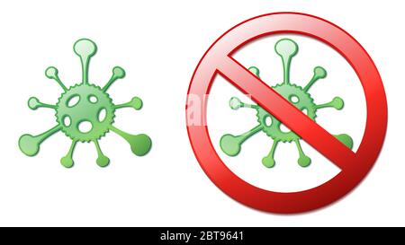 Ein glänzendes 3D-Look-Virus-Symbol und ein verbotenes Schild. Stock Vektor