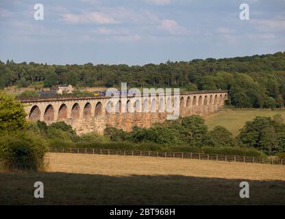 Nordbahn-Sprinterzug der Klasse 150 + Schrittzug der Klasse 144 über den langen Crimple-Talviadukt (südlich von Harrogate) Stockfoto