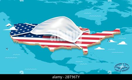 Karte der Vereinigten Staaten von Amerika mit USA Flagge und Gesichtsmaske Stock Vektor