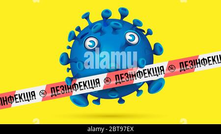 Blauer Virus hinter rot-weißem Absperrband mit Aufdruck - ДЕЗIНФЕКЦIЯ - Ukrainische Sprache in kyrillischen Buchstaben für desinfiziert. Gelber Hintergrund. Stock Vektor