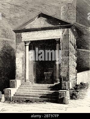 Römischer Tempel von Alcantara neben der römischen Brücke Alcantara, Provinz Caceres. Extremadura, Spanien, Europa. Alte Grafik aus dem 19. Jahrhundert, El Mundo en la Mano 1878 Stockfoto