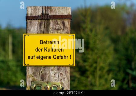 Gelbes Warnschild mit deutschem Text 'auf eigene Gefahr in die Ernte einsteigen' vor Nadelbaumkulturen an einem sonnigen Tag. Naturschutz. Stockfoto