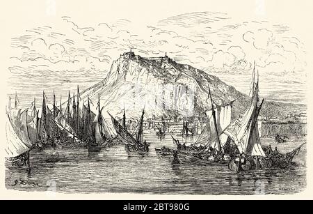 Panorama-Blick auf den Fischerhafen, die Burg und die Stadt Alicante. Comunidad Valenciana. Spanien, Europa. Alte Grafik aus dem 19. Jahrhundert, El Mundo en la Mano 1878 Stockfoto