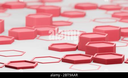 Abstrakter Hintergrund, rote Hexagone oder Waben, 3D-Rendering, sechseckige Tapete, Netzwerk-Verbindungskonzept, geometrisches Illustrationsdesign in 4K Stockfoto