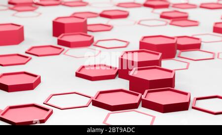 Abstrakter Hintergrund, rote Hexagone oder Waben, 3D-Rendering, sechseckige Tapete, Netzwerk-Verbindungskonzept, geometrisches Illustrationsdesign in 4K Stockfoto