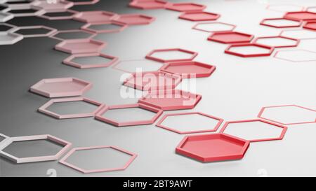 Abstrakter Hintergrund, rote Hexagone oder Waben, 3D-Rendering, sechseckige Tapete, Netzwerk-Verbindungskonzept, geometrisches Illustrationsdesign in 4K Stockfoto
