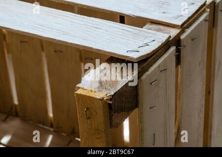 Zerrissene Planke einer Holzkiste Nahaufnahme. Neue leere Box zusammen mit Metallhalterungen gehämmert. Ökologischer Container. Ansicht von oben in einem Winkel. Selektiver Fokus. Stockfoto