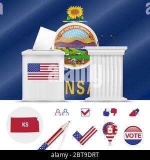 Präsidentschaftswahlen in Kansas. Winkende Flagge, realistische Wahlurne, Podium des öffentlichen Sprechers, Silhouette Karte und Abstimmung Symbol gesetzt. Stockfoto