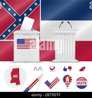 Präsidentschaftswahlen in Mississippi. Winkende Flagge, realistische Wahlurne, Podium des öffentlichen Sprechers, Silhouette Karte und Abstimmung Symbol gesetzt. Stockfoto