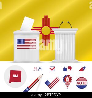 Präsidentschaftswahlen in New Mexico. Winkende Flagge, realistische Wahlurne, Podium des öffentlichen Sprechers, Silhouette Karte und Abstimmung Symbol gesetzt. Stockfoto