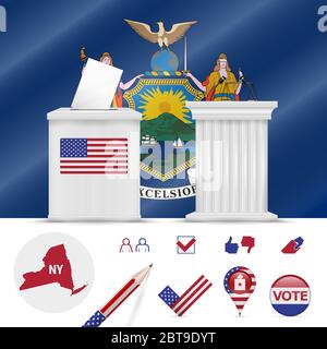 Präsidentschaftswahlen in New York. Winkende Flagge, realistische Wahlurne, Podium des öffentlichen Sprechers, Silhouette Karte und Abstimmung Symbol gesetzt. Stockfoto