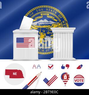 Präsidentschaftswahlen in Nebraska. Winkende Flagge, realistische Wahlurne, Podium des öffentlichen Sprechers, Silhouette Karte und Abstimmung Symbol gesetzt. Stockfoto